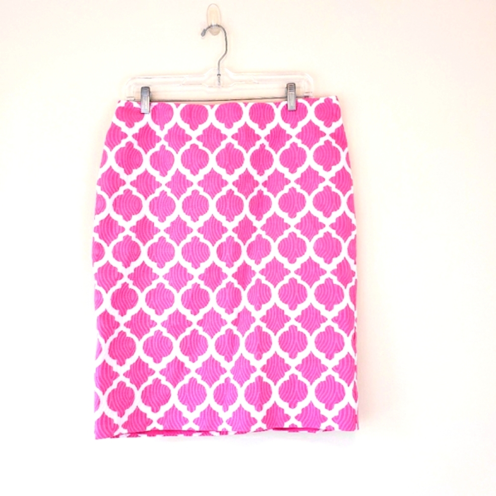 Talbots Pink White Lattice Print Trellis Geometric Print Pencil Skirt Size 10